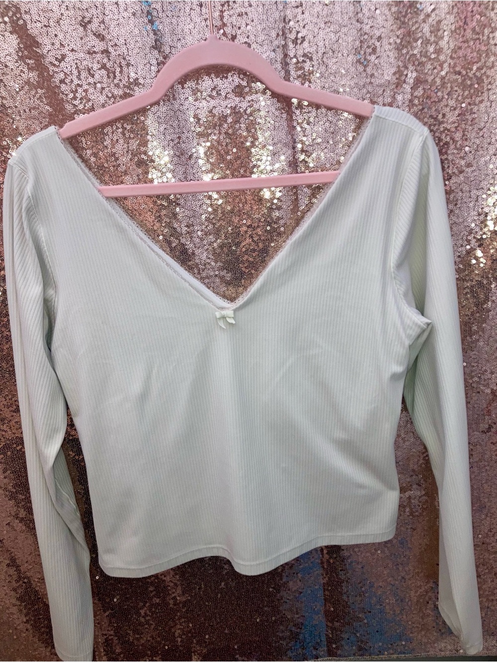 aerie Beige Ribbed V-Neck Long Sleeve Top